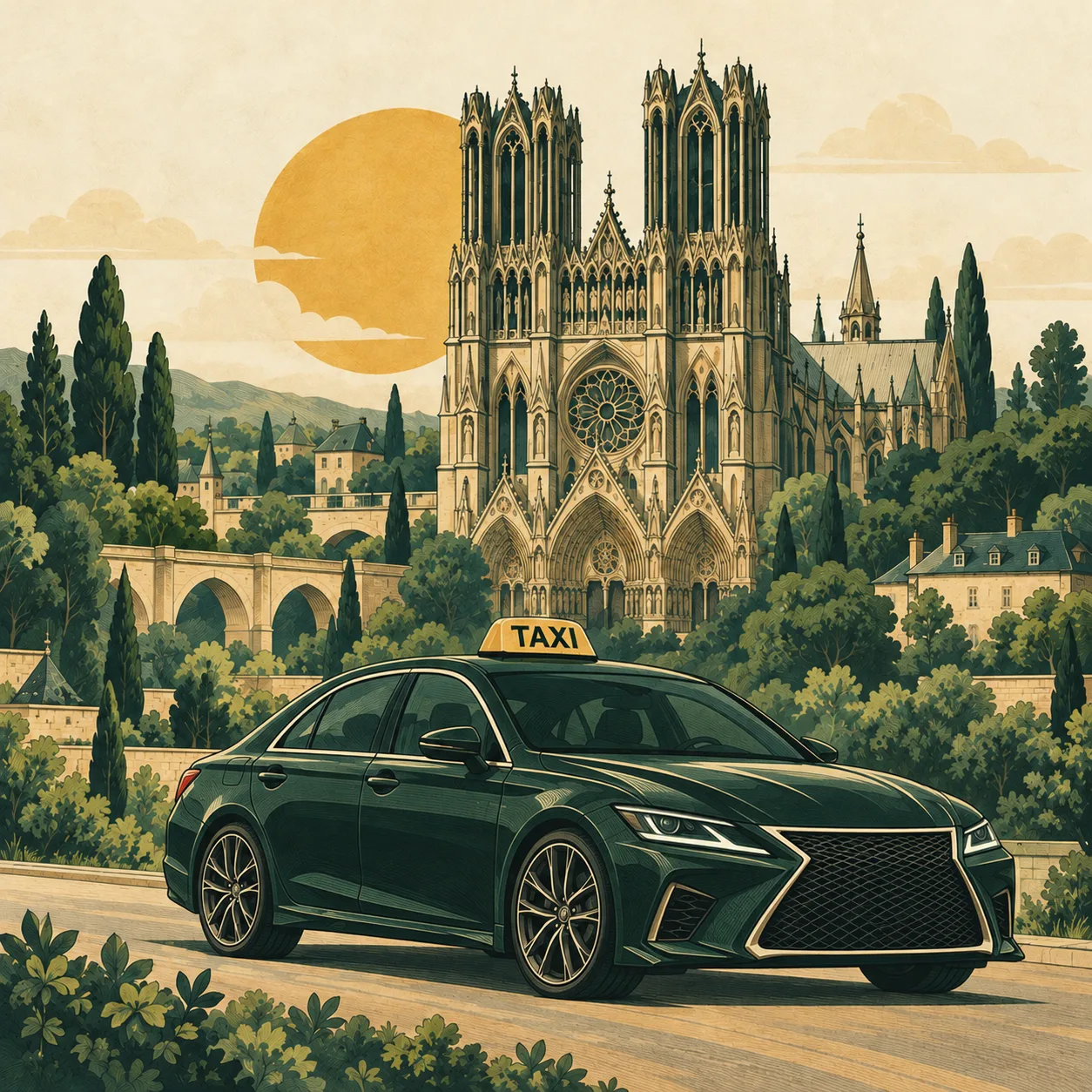 Illustration d’un taxi vert devant la cathédrale gothique de Reims, dans des tons parchemin et dorés